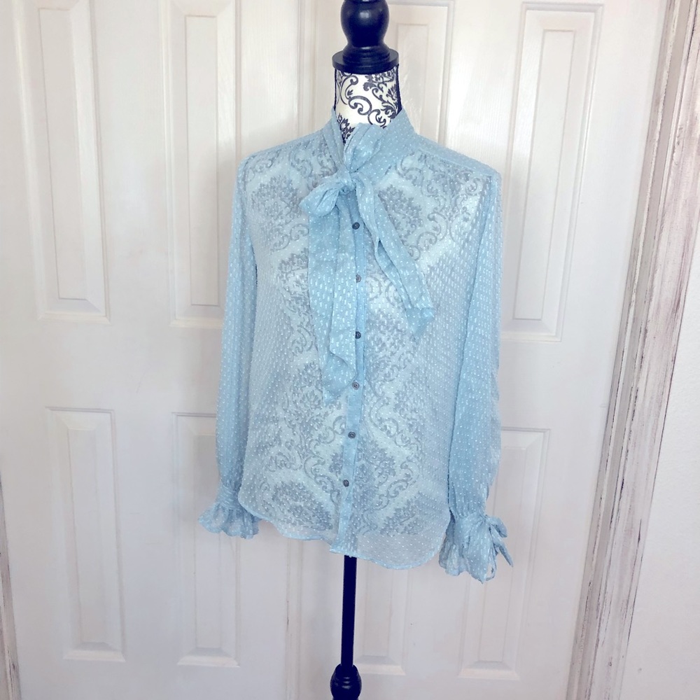 Banana republic blue Swiss dot ruffle sleeve tie neck detail blouse